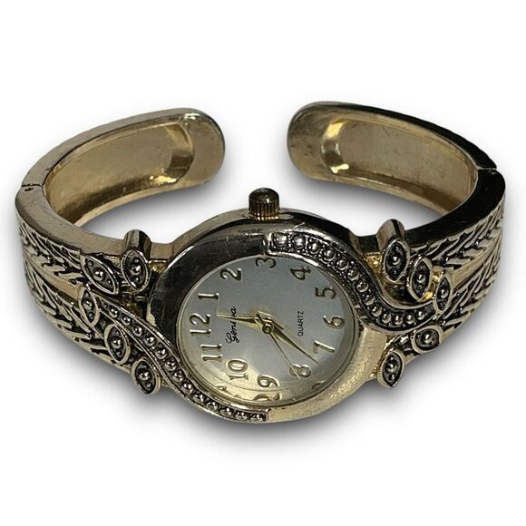 Y2K Vintage Gold Tone Round Face Bangle Cuff Bracelet Watch - Picture 2 of 14